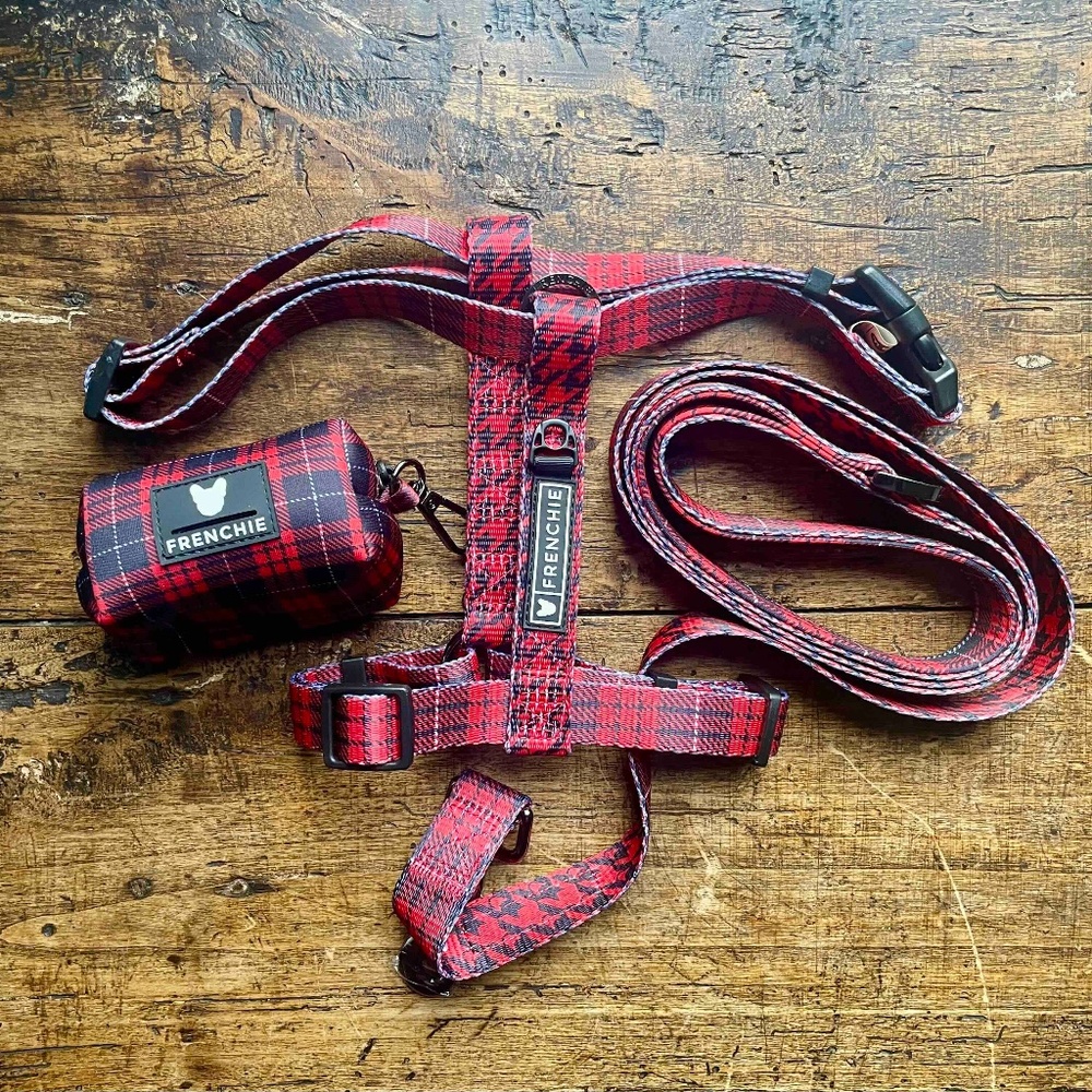 Frenchie Bulldog - Harness, Leash, Poop Bag - Set of THREE - Red Tartan